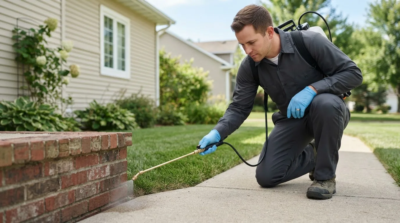 Pest control technician treating a home near Toyah, TX